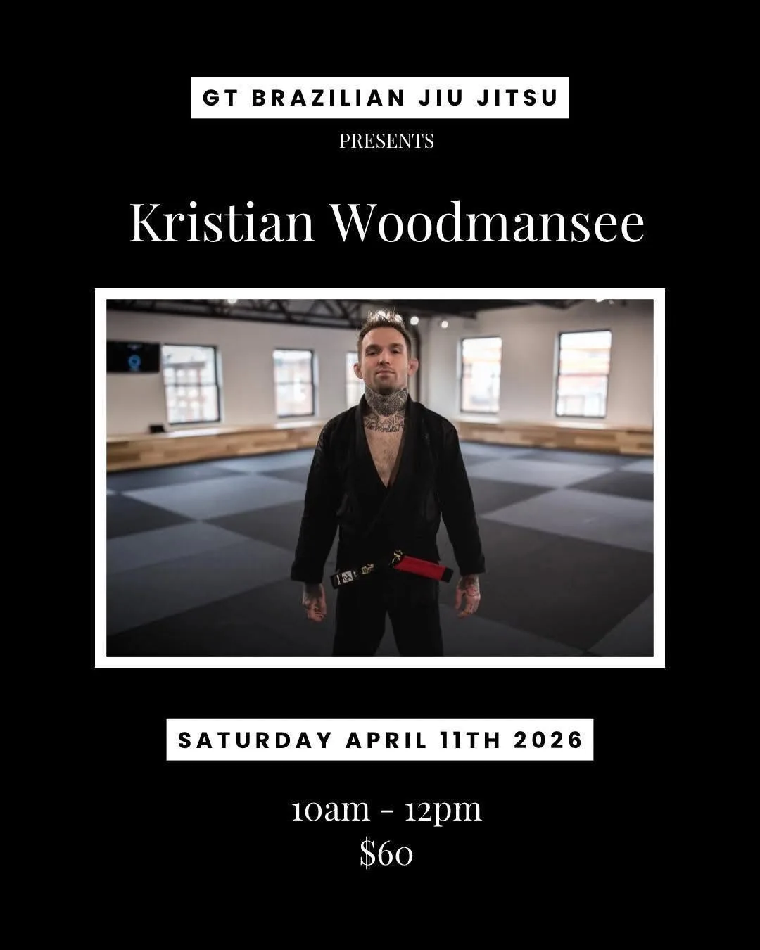 Kristian Woodmansee in a black gi standing on the mats